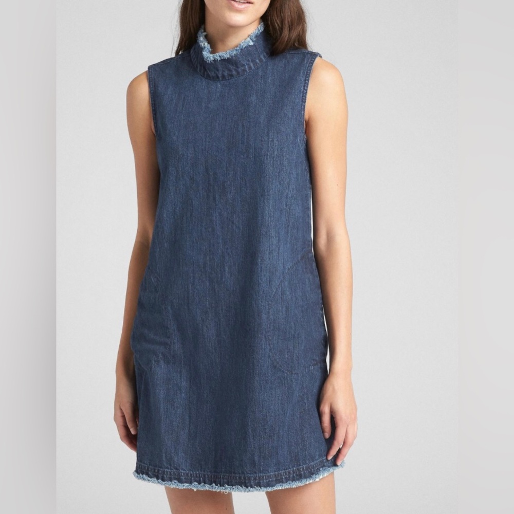 NEW GAP Mock neck Sleeveless Denim Dress raw hem Sz XS